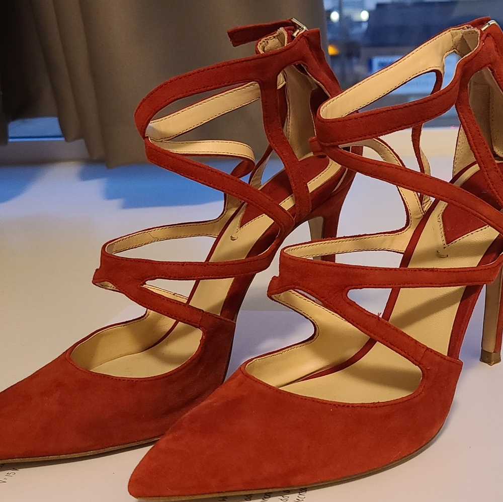 Zara Red Suede Strappy Heels Size 39